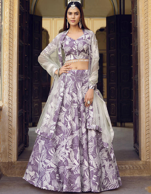 Traditional Party Wear Heavy Lehenga Choli Faded Purple Finest Crushed Silk Lehenga Choli Close-up View